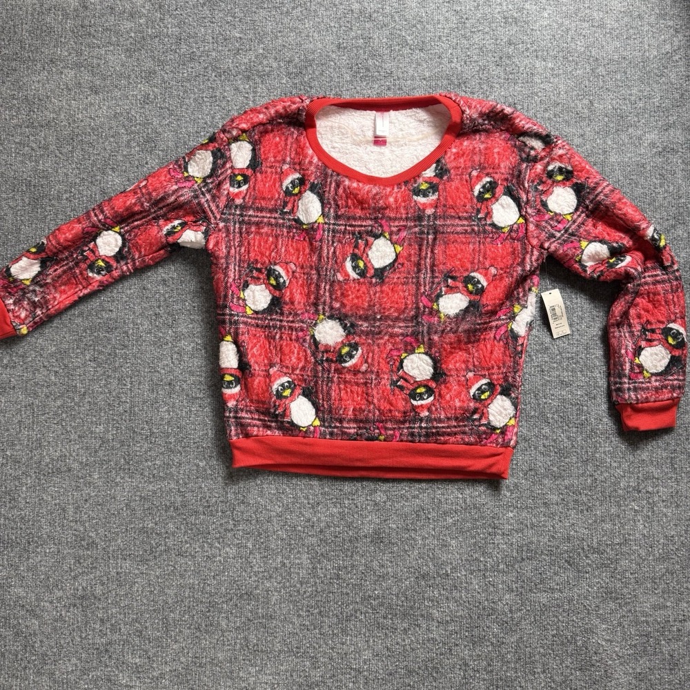 No Boundaries Womens Red Fleece Penguin Print Holiday Sweatshirt NWT M Juniorfit